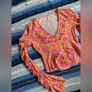 Free People through the meadow rouched mesh hippie floral top women’s small